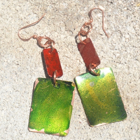 Green Red Geometric Pure Copper Handmade Earrings Abstract Hand Painted Drop - Picture 6 of 8